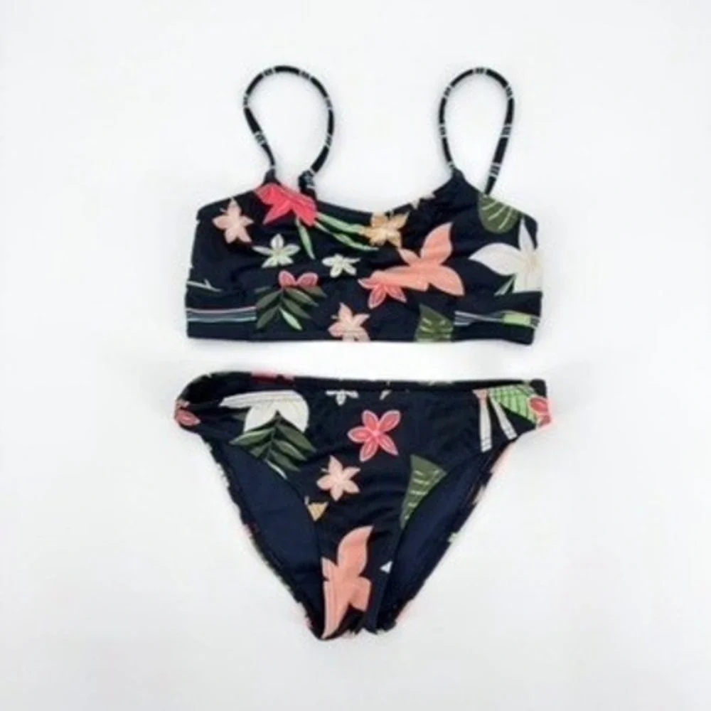 Roxy Girl Navy Blue Tropical Floral Bikini Two Piece Swimsuit Set Size 10